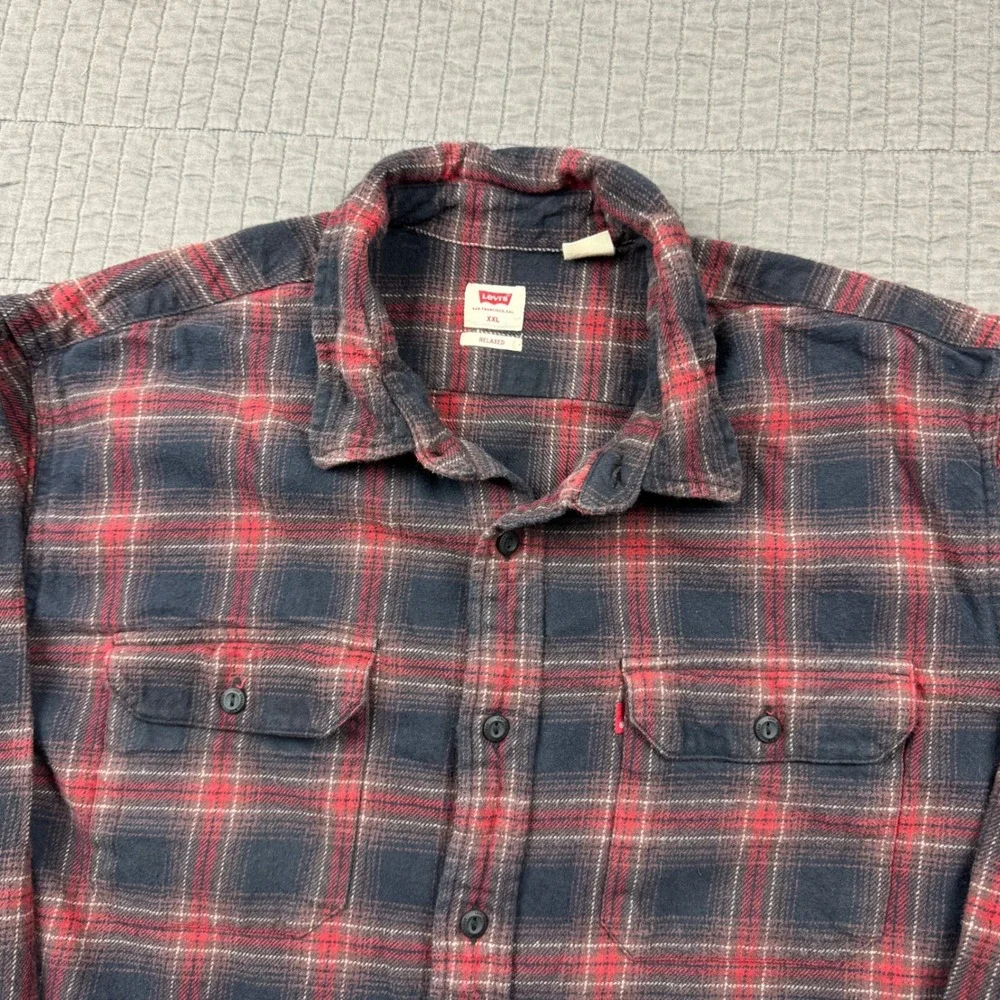 Levis Mens XXL Relaxed Fit Plaid Flannel Button Down Shirt Red Navy Black Cotton